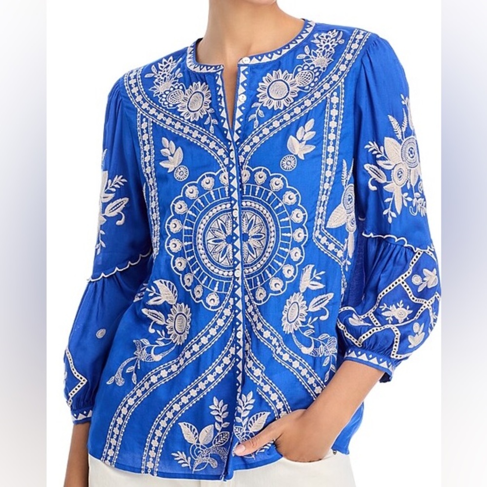Johnny Was Royal Blue Embroidered Scallop Sleeve Blouse